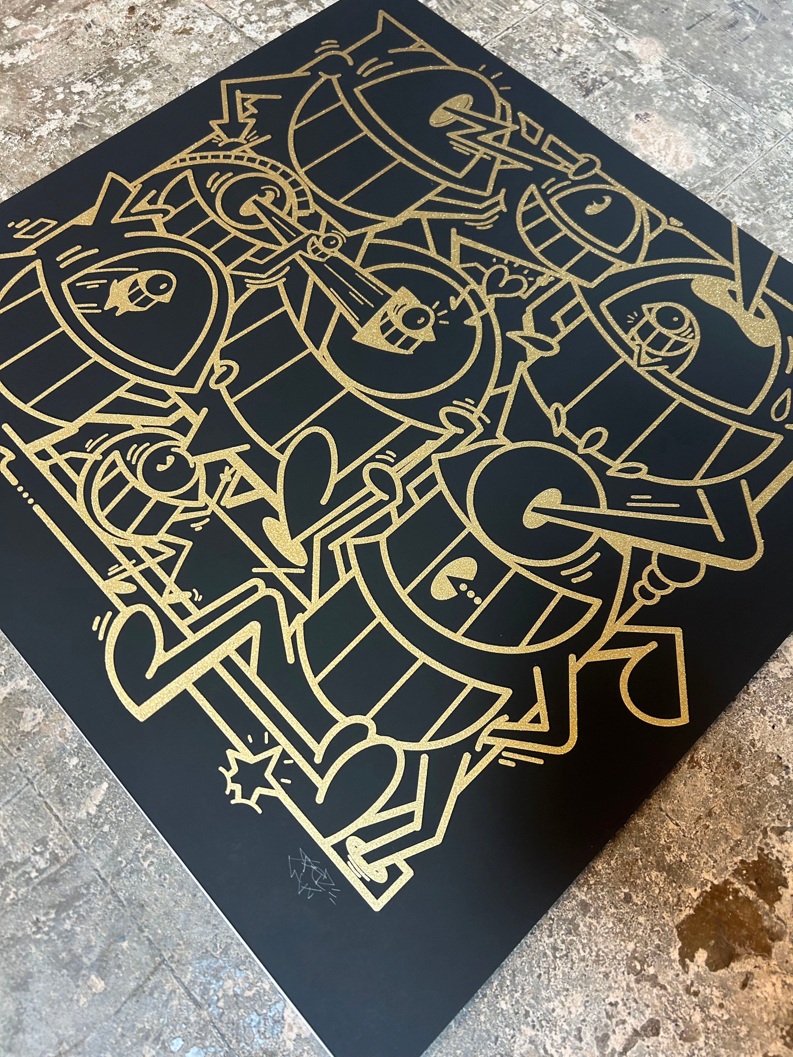 EL PEZ - SMILES IN STYLE BLACK GOLD GLITTER - ed 14 with free mini screen print for colouring in